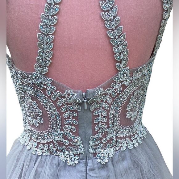 MAY QUEEN COUTURE DRESS PROM HOMECOMING WEDDING FORMAL SEQUIN STRAPPY SILVER 8 - Picture 8 of 12